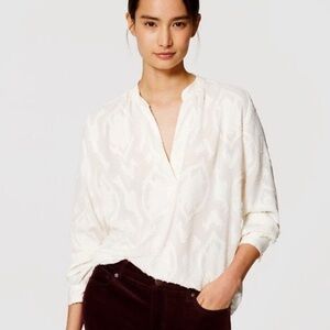 Loft Blossom Jacquard Split Neck Cream Ivory Blouse